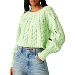 Free People | Sandre Cable Stitch Pullover Sweater in Light Green - Size Small